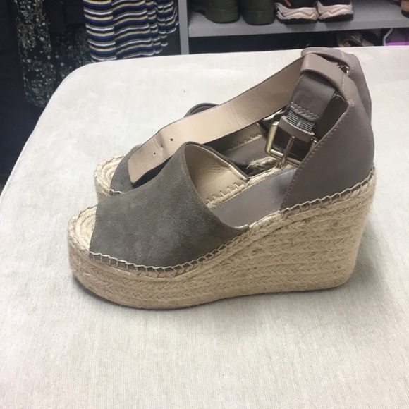 Marc Fisher Olive Green Suede & Gray Leather  Wedge with Gold Buckle - Picture 3 of 6